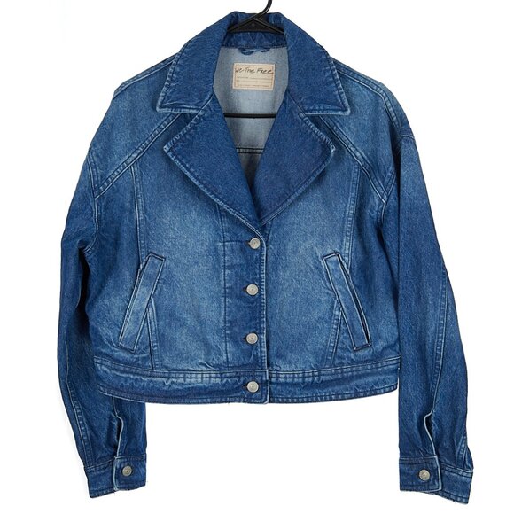 Free People Denim Jacket Now or Never Dark Wash Cropped Women's Small - Picture 2 of 7